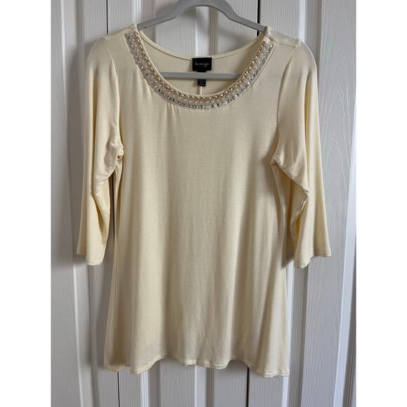 La Vayna Cream Beaded Jeweled Flattering Scooped Round Neck Sweater Blouse PL - Picture 2 of 8